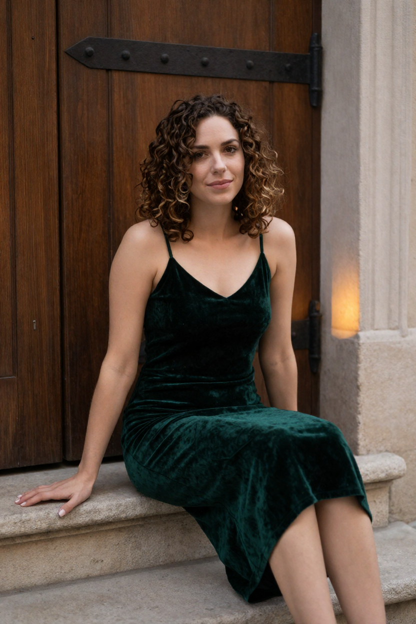 A fictional adult woman in her late twenties with warm brown curls and a relaxed confident